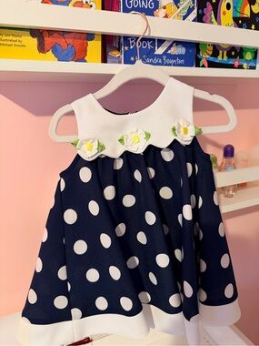 iris & ivy Navy Polka Dot Dress with White Collar and Floral Accents